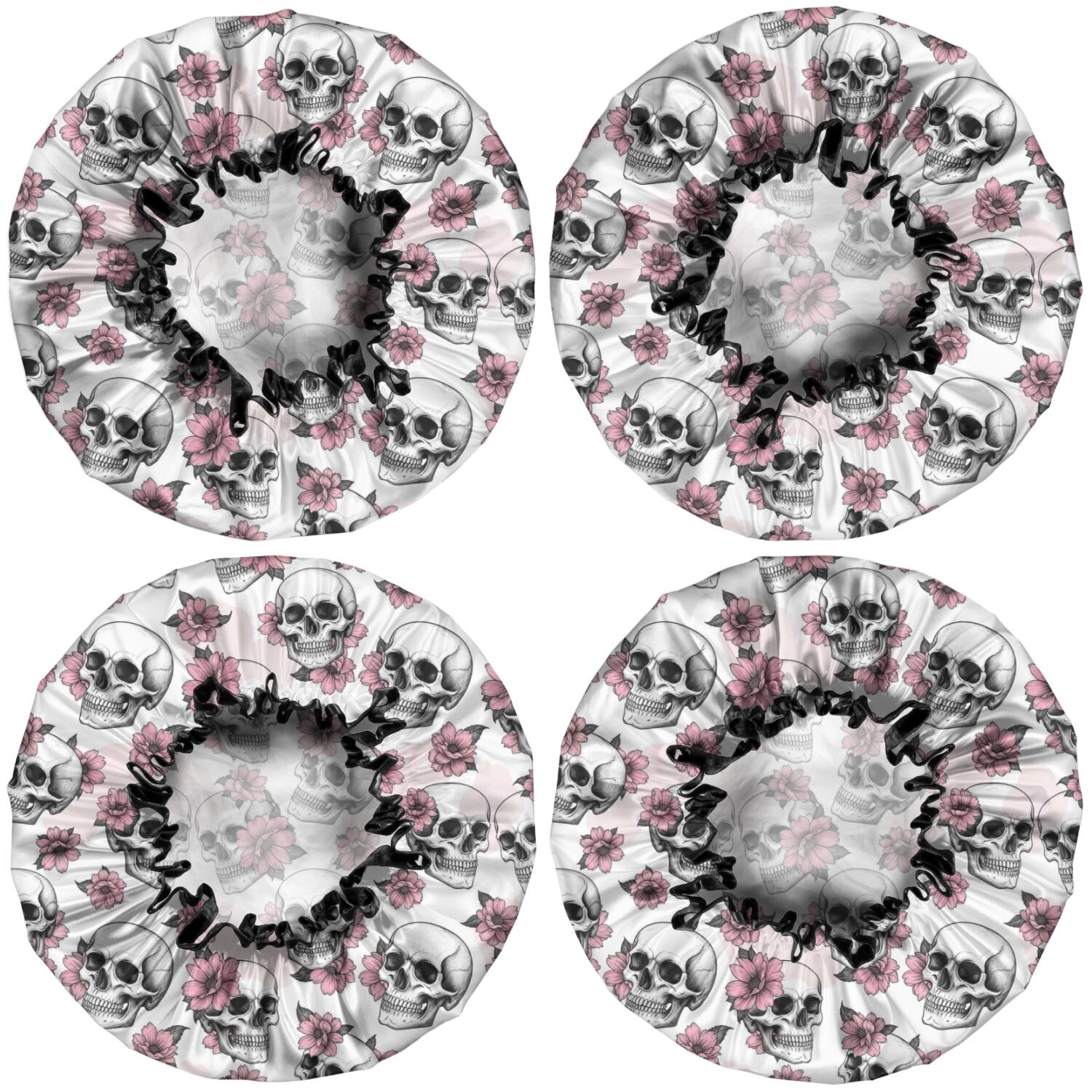 Shower Caps,White Floral Skull Pattern Waterproof Shower Cap for Women 4 Pieces,Double Reusable Hair Cover for Shower PEVA Elastic Stretch Hem