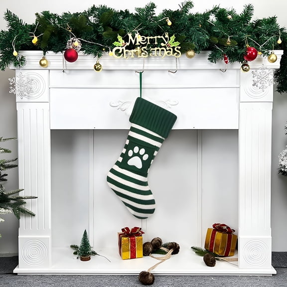 BESTSKY Knitted Christmas Stocking Personalized Christmas Tree Dog Paw Snowflake Print Embroidered Christmas Stockings Fireplace Hanging Xmas Stockings