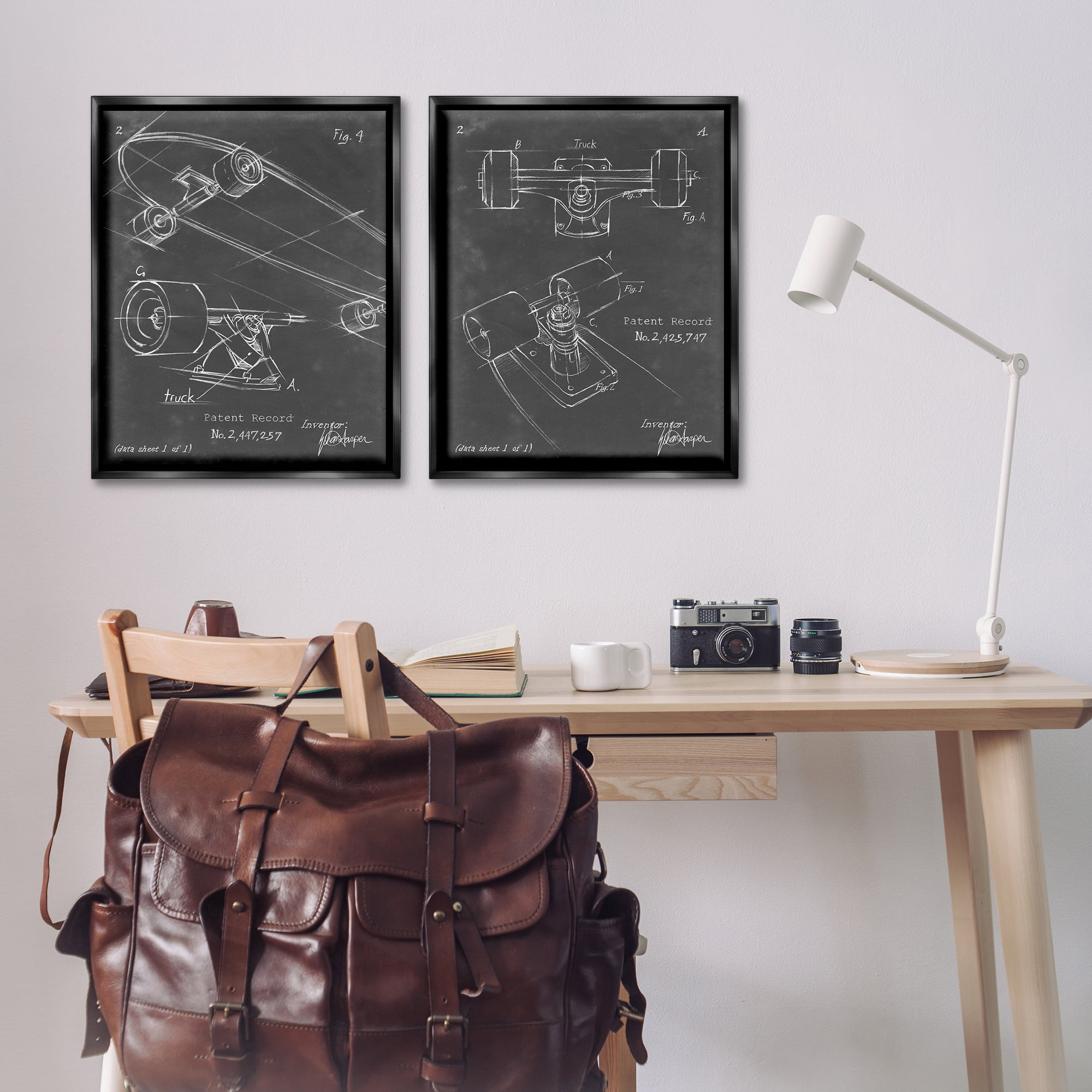 Stupell Industries Patent Diagram of Skateboard Sports Painting Black Floater Framed Canvas Art Print Wall Art, 31 x 25, Set of 2