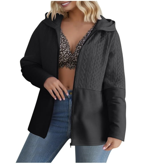 UYISJ Womens Hoodie Jacket Color Block Jacquard Long Sleeve Jackets Full Zip Up Plus Size Fall Winter Coat Outwear Black XXL