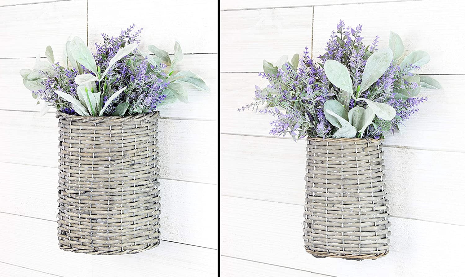 AuldHome Design Wall Hanging Baskets (Set of 2, Gray); Woven Wicker Rustic Farmhouse Gray Washed Door Baskets, Small and Medium Size
