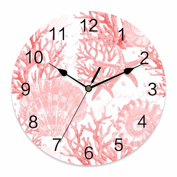Wall Clock Pink Starfish Conch Clocks PVC Silent Non-Ticking Battery Operated Decorative Coral Shell Round Clock for Home Living Room Kitchen Bedroom Office School Wall Decor 10 Inch
