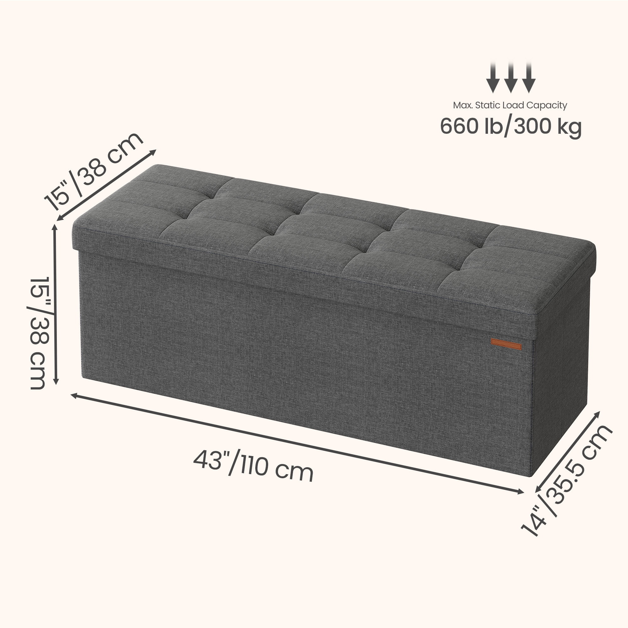 Ledrem Dark Gray Foldable Storage Ottoman Bench with 660lb Capacity, Multi-Functional Footrest and Seat
