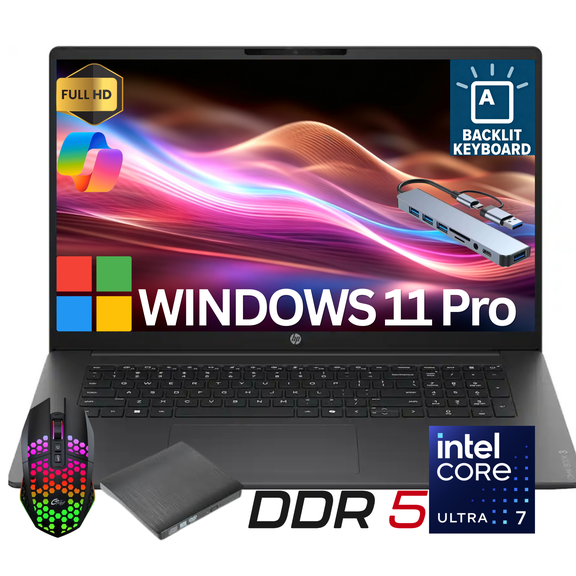 HP 17 NEW 17.3" Full HD Laptop, Intel Core Ultra7 255U, 16GB DDR5 RAM, 512GB SSD, Backlit Keyboard,Windows 11 Pro