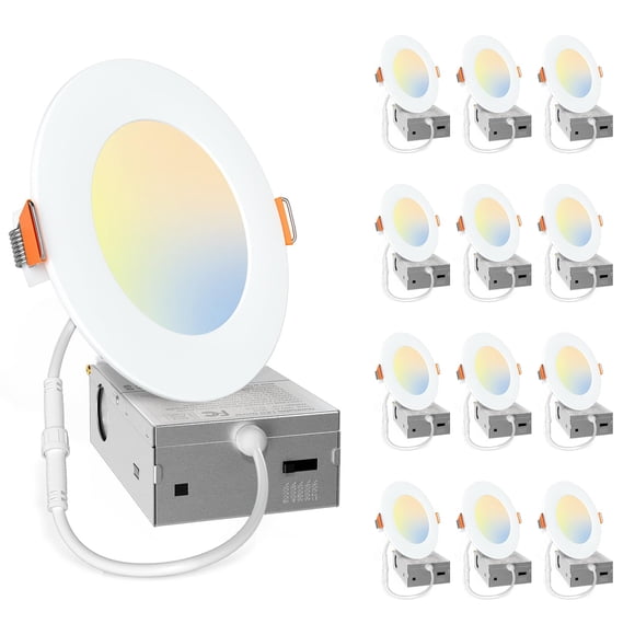 Amico Lot de 12 Luminaires Encastrés Minces en Pot de 4 Pouces 5CCT à DEL avec Boîtier de Jonction, 2700K/3000K/3500K/4000K/5000K Sélectionnables, 11W Eqv 70W, à Intensité Réglable Homologués Cei