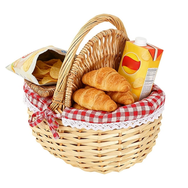 Wicker Storage Basket With Handle And Removable Linen Cloth Lining For Bread Fruit Picnic Home Party Organizing