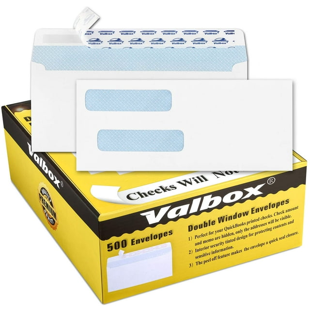 ValBox 500 Count #8 Double Window Envelopes 3 5/8"" x 8 11/16"" Self Seal Double Window Security Check Envelopes- Security Tint Pattern Designed for Home Office Se Mailing