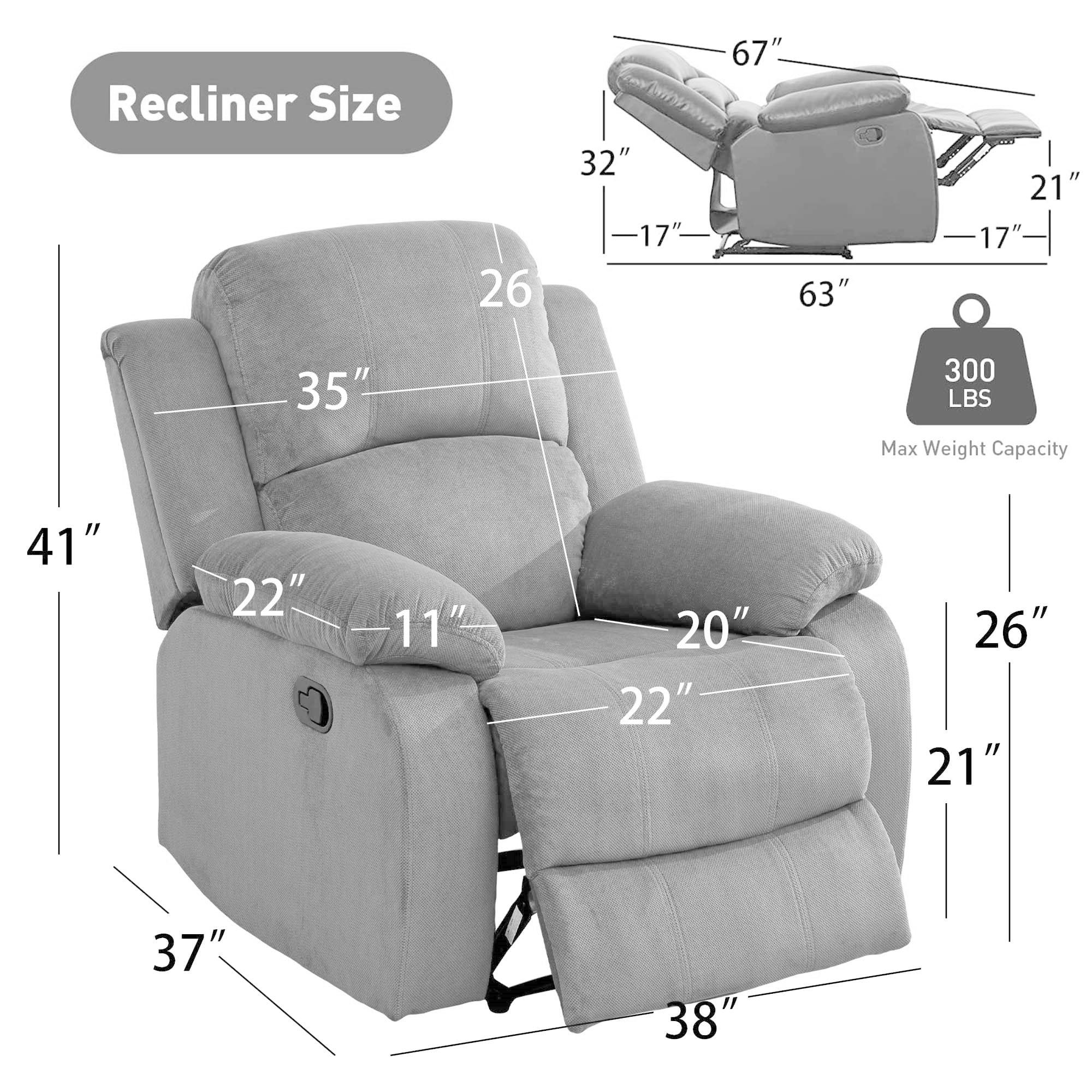 Aukfa Linen Recliner Chair, 38" Overstuffed Armchair Living Room Home Theater Lounge Seat, Light Gray