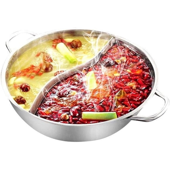 Olla de acero inoxidable para shabu-shabu con separador para cocinas de inducción y gas, 30 cm, sin tapa.