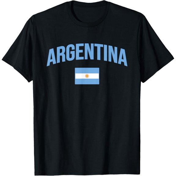 Argentina Flag T-Shirt - Unisex Adults - Black - Small - Short Sleeve - Classic Fit - Crew Neck