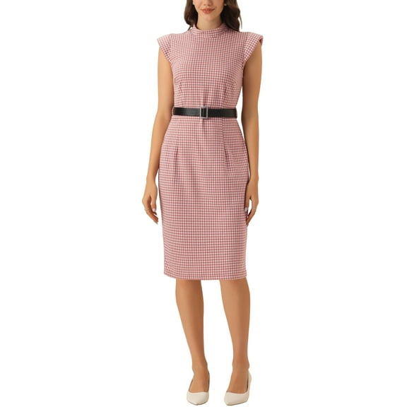 INSPIRE CHIC Work Dress for Women's Cap Sleeve Belt Vintage Houndstooth Pencil Sheath Dress M Dusty Pink