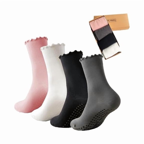 Eryueer 4 Pairs Ruffle Yoga Socks for Women,Cute Frilly Non-Slip Grips Socks for Pilates,Fitness,Hospital,Pregnant