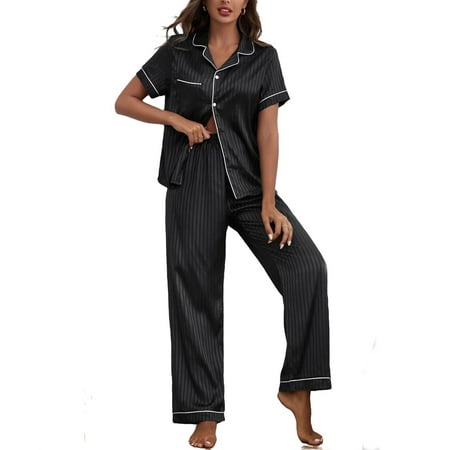 

2pcs Set Elegant Striped Lapel Neck PJ Pant Sets Short Sleeve Black Women s Pajama Sets (Women s)