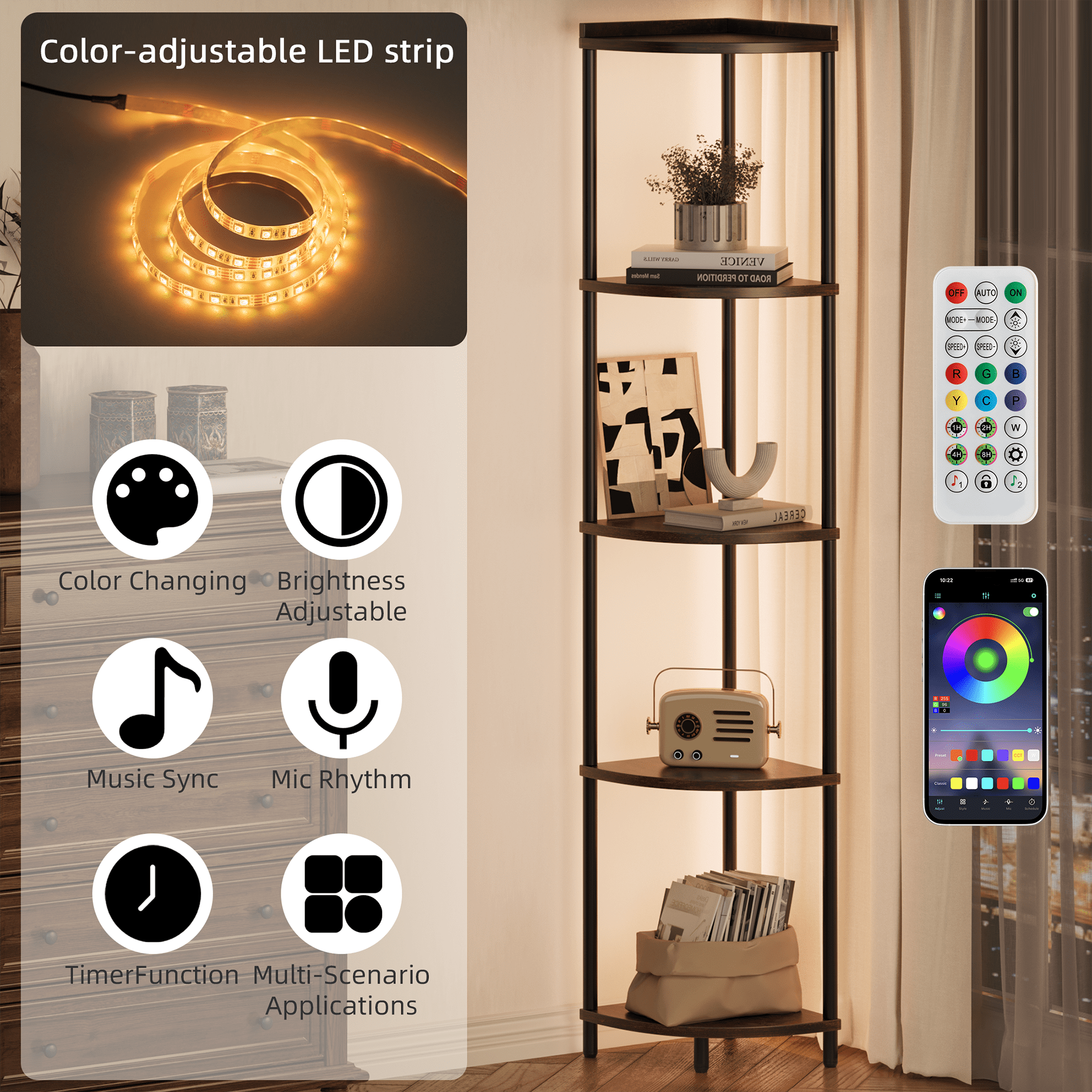 Corner Shelf Bookcase with LED Light, 5-Tier Corner Bookshelf Corner Shelf Stand for Bedroom,Living Room,Berry Brown