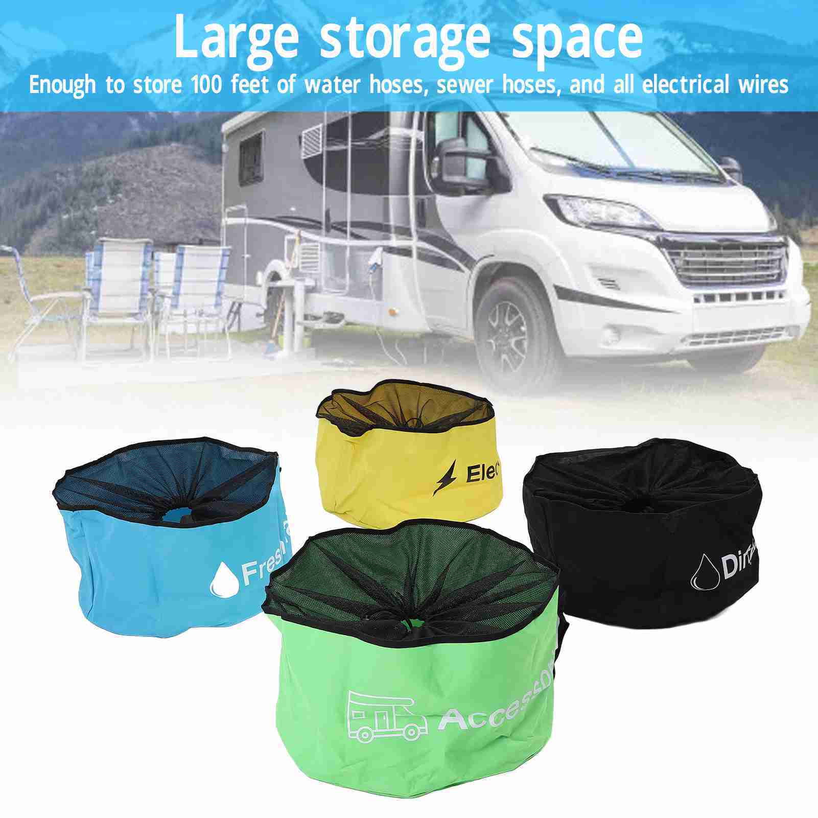 BIMZUC 4‑Pack RV Hose & Cord Organizer – 18×20″ Waterproof 600D Oxford Bags with Color‑Coded Labels