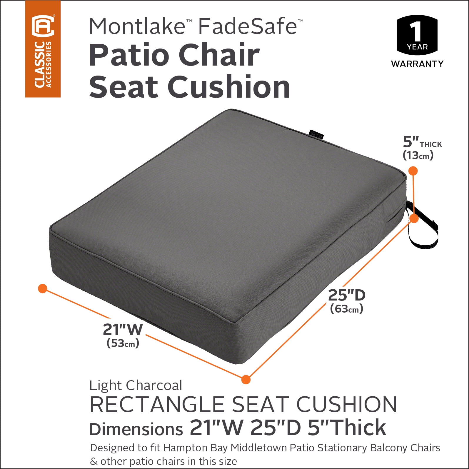 Classic Accessories Montlake FadeSafe Water-Resistant Patio Chair Seat Cushion, 21 x 25 x 5 inch, Light Charcoal