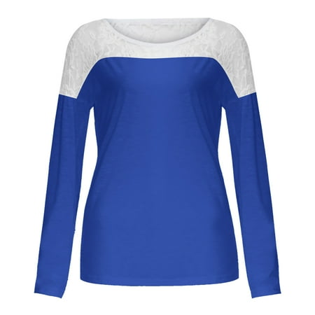 

koaiezne Ladies O Neck Lace Hollow Shirt Stitching Long Sleeve Solid Color Casual T Shirt Fashion Ladies Tops Pajama Tee Shirts Women Long Tees Women