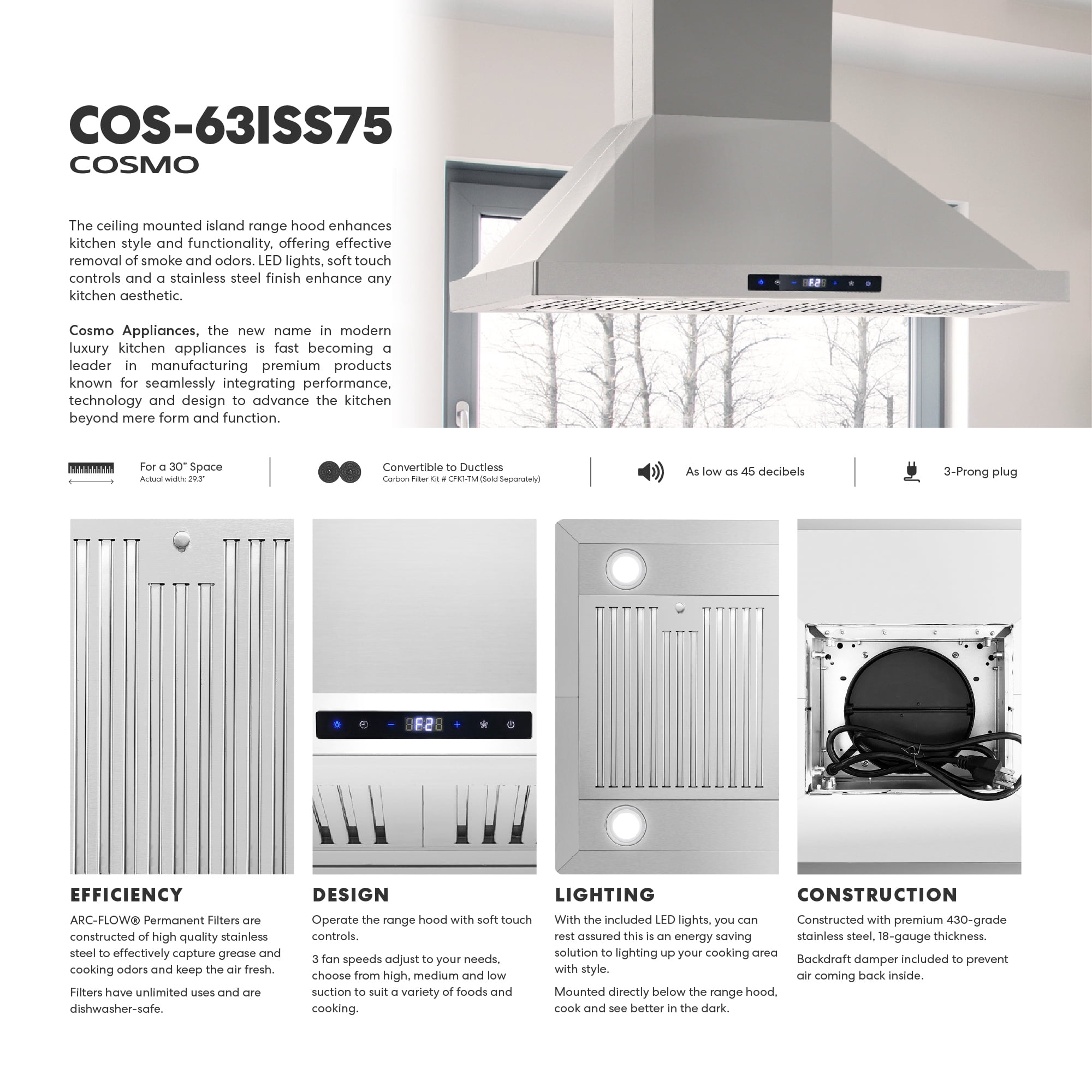 30 in. Lumin Collection Ducted Island Range Hood in Stainless Steel