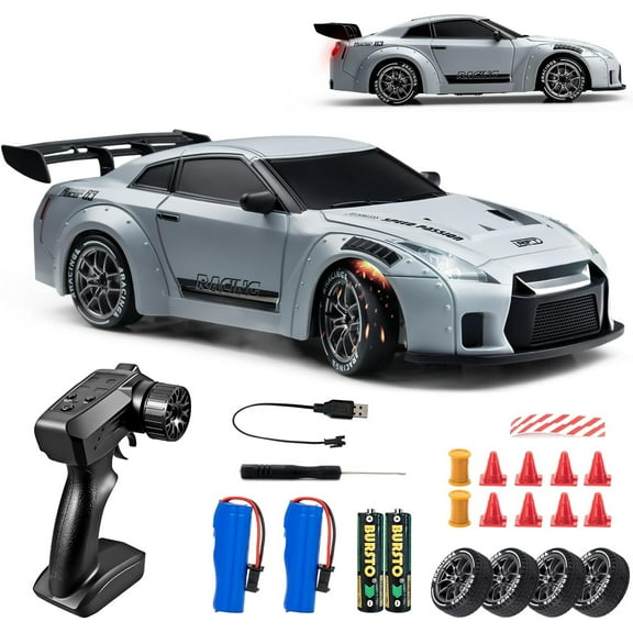 Track Seven RC Drift Car, 1:24 Scale Remote Control Vehicle with LED Lights, 2.4GHz 20KM/H 4WD High Speed RC Cars, Drifting Tires&Two Batteries, Racing Sports Toy Idea Gift for Adults Boys Girls