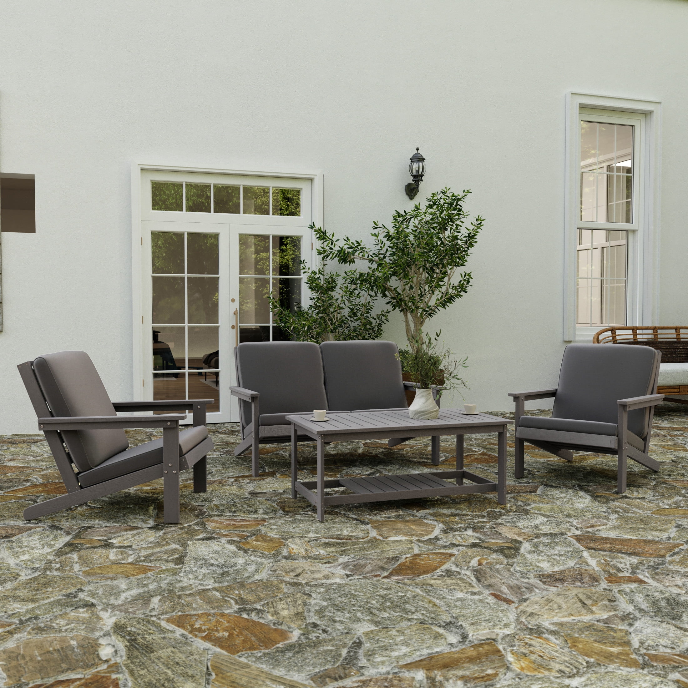 Merrick Lane All-Weather Poly Resin Wood Two Tiered Adirondack Slatted Coffee Conversation Table in Gray