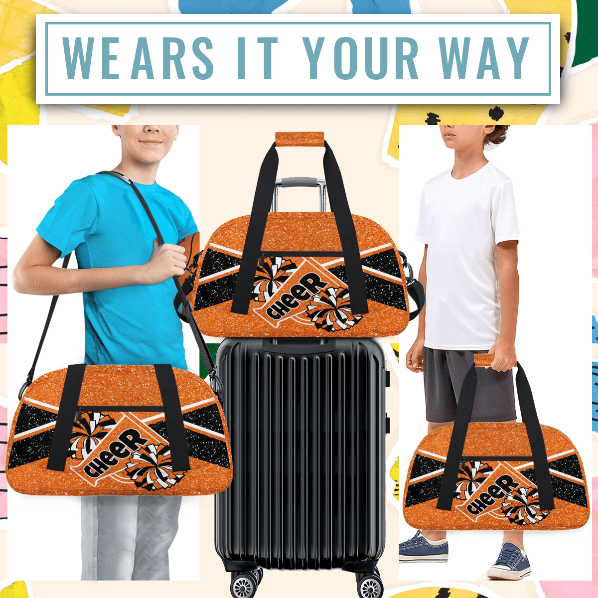 Herdesigns Cheer Bag Sports Duffle Bags Cheerleader Orange Gym Bag Weekender Travel Bag Waterproof Overnight Bag Carry On Travel Tote Bag Dance Bags