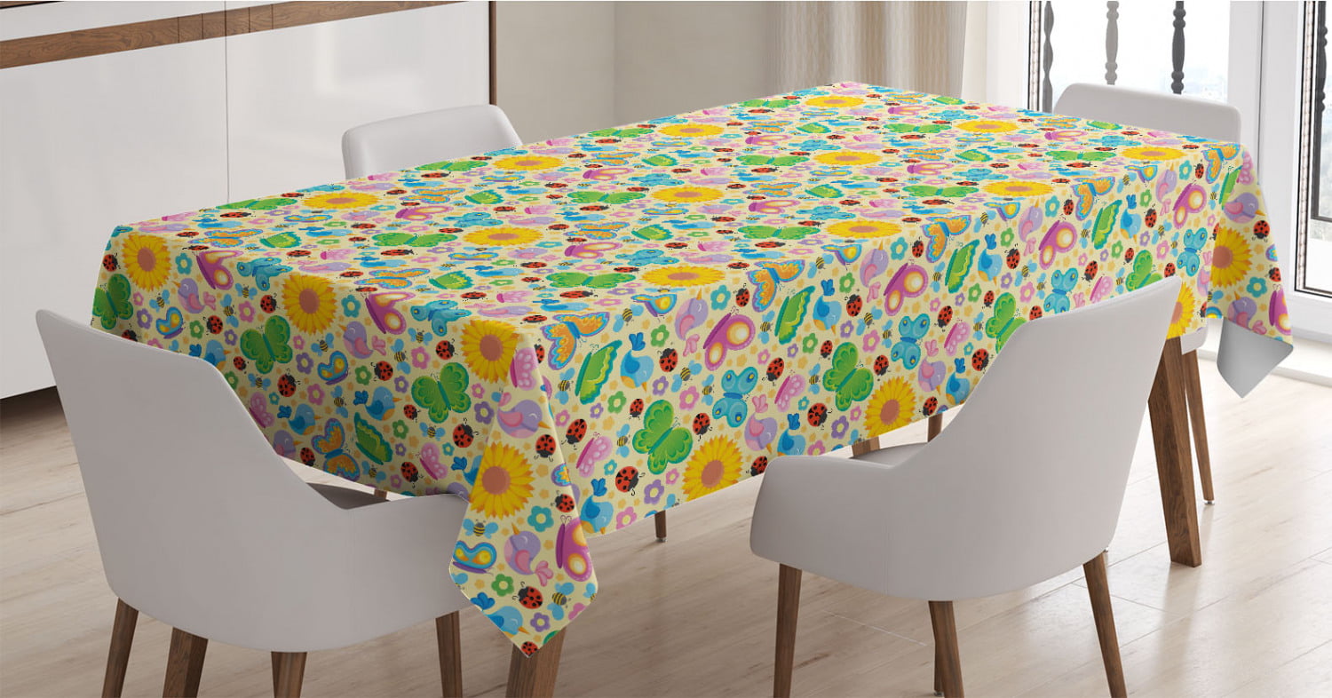 Rectangle Satin Table Cover Accent for Dining Room and Kitchen 52 X 70 Ambesonne Cartoon Tablecloth Multicolor Happiness Theme with Funny Flowers Leaves Botany Blossoms Spring Joyful Caricature