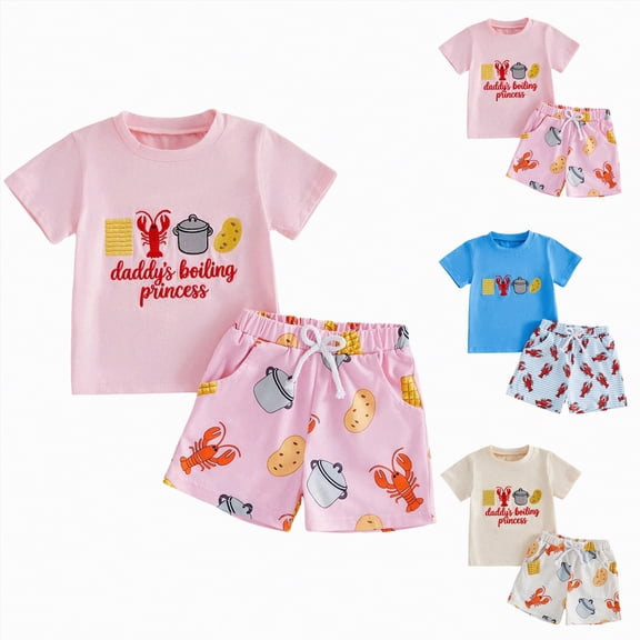 YDFCWXW Toddler Girl Boy Summer Outfit Short Sleeve Embroidery T-shirt Crawfish Shorts Set 6 12 18 24 Months 2T 3T 4T (Khaki, 6-12 Months)