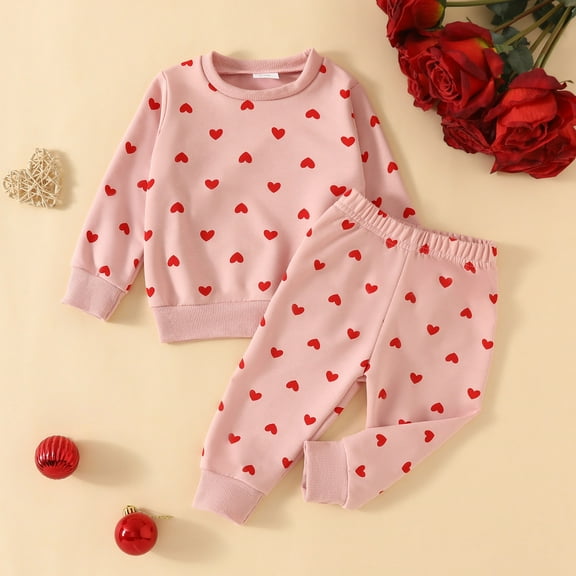 CUZIBR Baby Girl Outfits Sweatsuits Warm Layered 2 Piece Set Love Heart Print Valentine'S Day Long Sleeve T Shirt Pullover Tops Pants Comfy Soft Clothing Sets,Pink,18-24 Months
