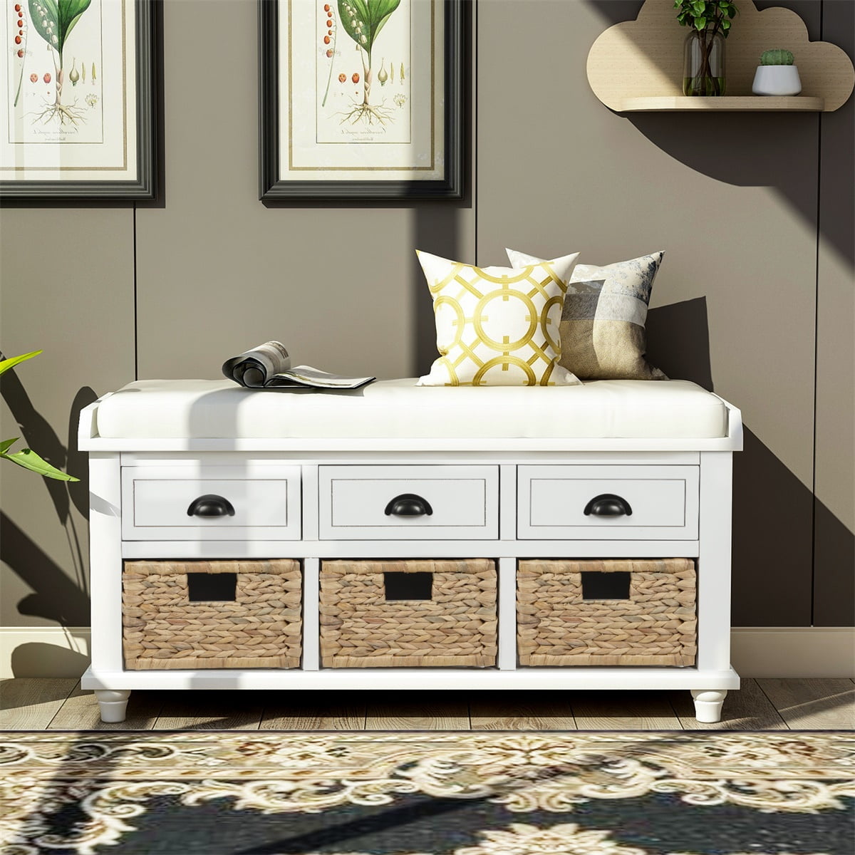 Rustic Storage Bench with 3 Drawers and 3 Rattan Baskets, Shoe Bench with Removable Cushion
