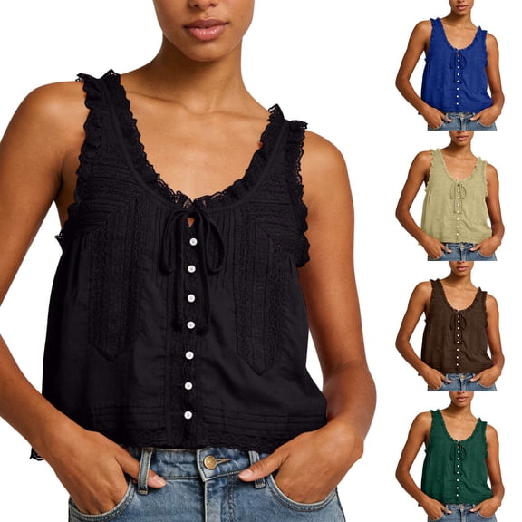 XUNKUSGA Tank Tops for Women Summer Boho Lace Tie Front V Neck Going Out Tops Casual Loose Cotton Linen Button Down Sleeveless Y2k Tops for Beach,S