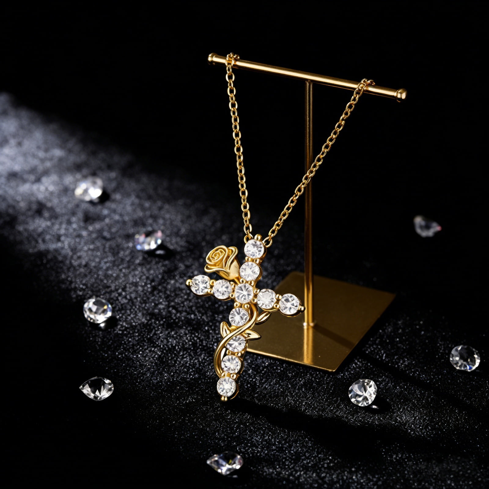 SFTING Cross Necklace for Women Rose Flower 18K Gold Plated Dainty Cross Pendant Faith Jewelry Gifts for Women Yellow