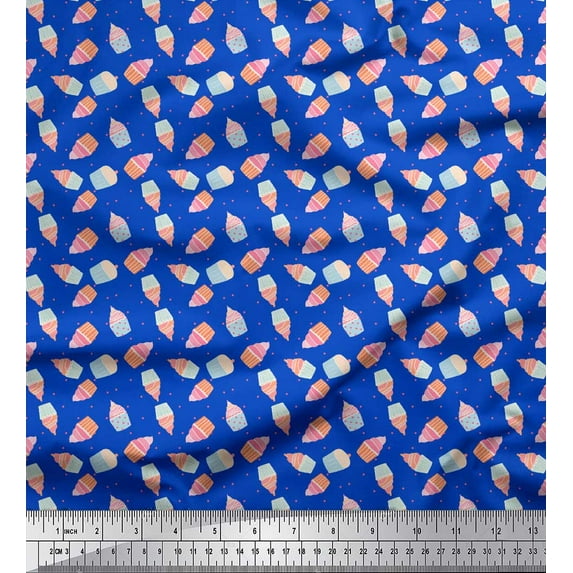 Soimoi Blue Cotton Duck Fabric Dot & Cupcake Food Fabric Prints By Yard 42 Inch Wide
