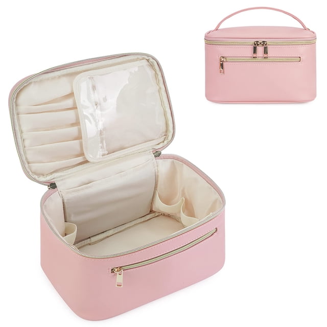 Neceser de viaje para mujer, neceser de maquillaje grande, organizador de maquillaje con compartimento para brochas, neceser de aseo de piel sintética, neceser de maquillaje portátil.