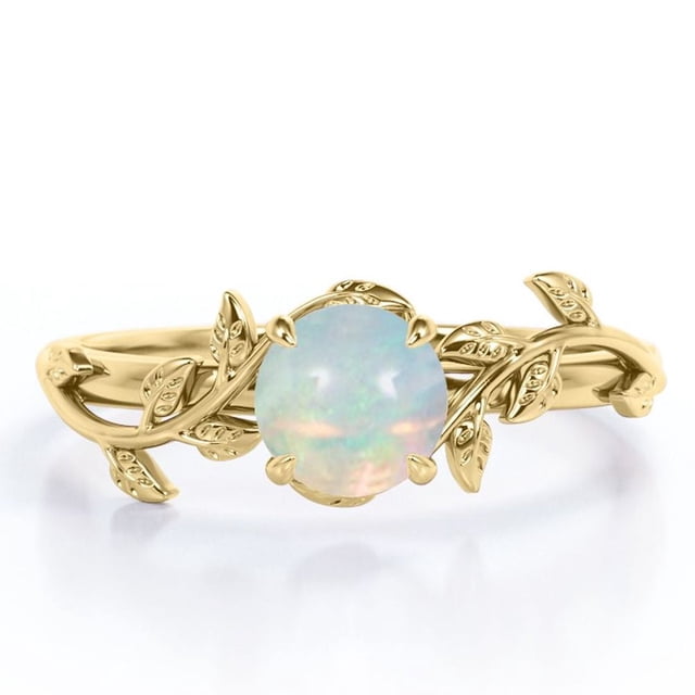 JeenMata Anillo de Compromiso Solitario de Cuatro Puntas con Diseño Botánico de Ópalo Australiano Redondo de 0,5 Quilates Chapado en Oro Amarillo de 18 K sobre Plata