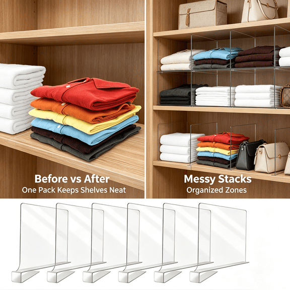 CHICAURA Tall Clear Shelf Dividers for Closet Organization and Storage, 6 Pack,12 in ,Clear