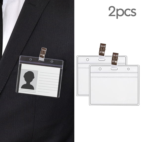 Plastic ID Badge Holder with Clip, Horizontal Waterproof Name Card Protector with Buckle, Heavy-Duty Clear Card Case with Zipper Seal for Office, Conference, and Event Passes,Clear 2 Pcs