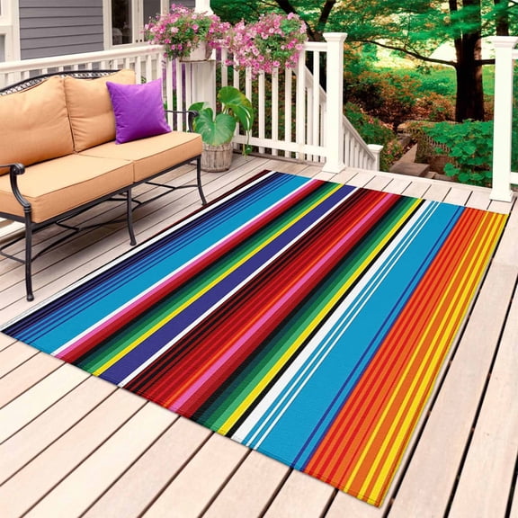 Colorful Striped Outdoor Rug for Patio/Deck/Porch, Non-Slip Large Area Rug 5 x 7 Ft, Boho Rainbow Stripes Abstract Lines Indoor Outdoor Rugs Washable Area Rugs, Reversible Camping Rug Carpet Runner