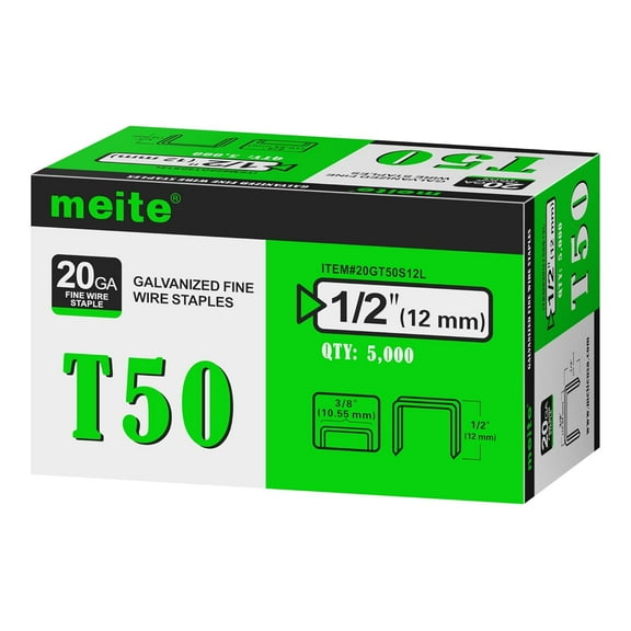 5,000 Pcs MEITE T50 Staples, 1/2 Inch Length Heavy Duty Staples for Staple Gun, Galvanized, 20 Gauge 3/8 Inch Crown, Compatible with T50 Staple Gun, Ideal for Upholstery, Construction, Furniture