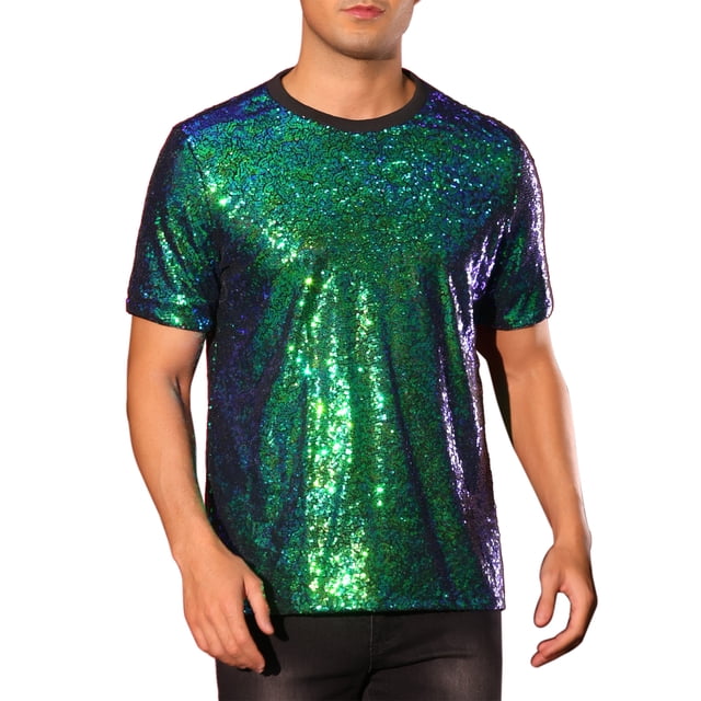 Camiseta con brillo INSPIRE CHIC para hombres, camiseta de lentejuelas de manga corta, cuello redondo, camiseta disco metálica XL verde