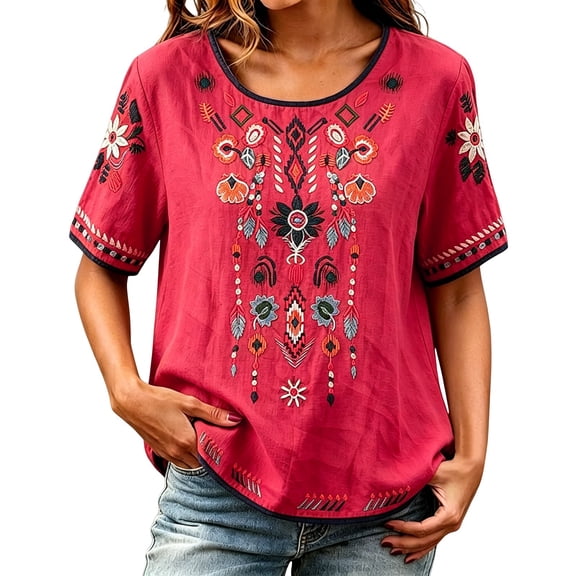 BODOAO Women's Embroidered Cotton Linen Peasant Top, Short Sleeve Boho Mexican Tunic Blouse, Loose Casual Summer T Shirt for Festival, Vacation, Beach, Daily Wear Red L