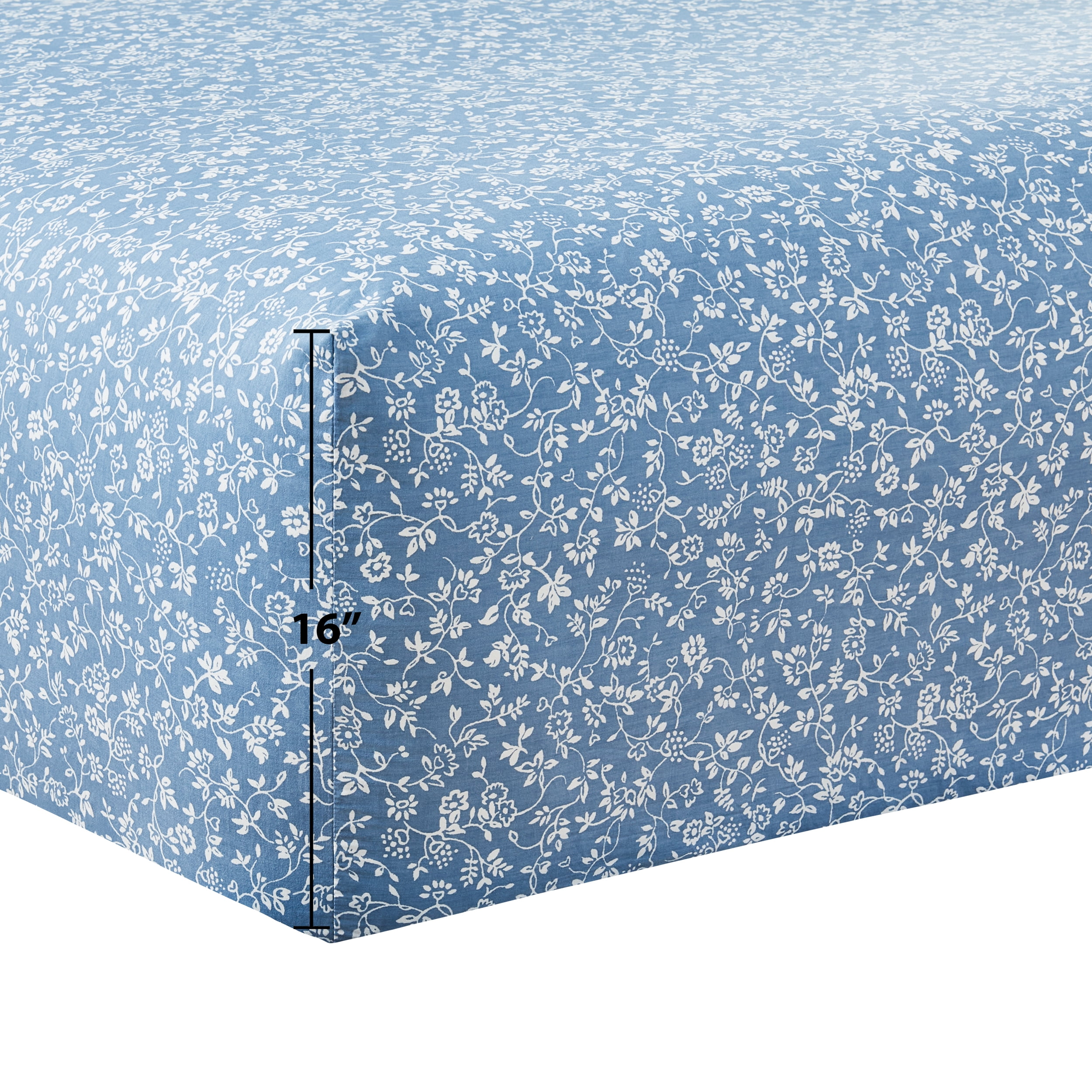 Mainstays 4-Piece 300 Thread Count Blue Floral CVC Cotton Blend Bed Sheet Set, Full , Adult / Teen