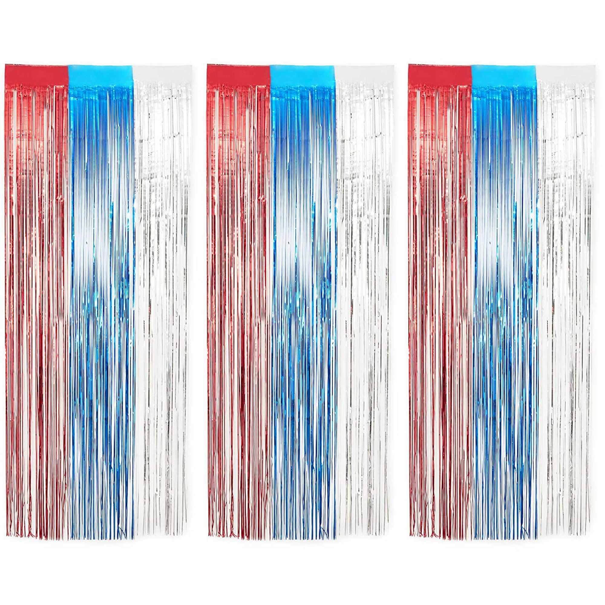 3Pack Metallic Foil Fringe Door Curtain in Patriotic Red White Blue
