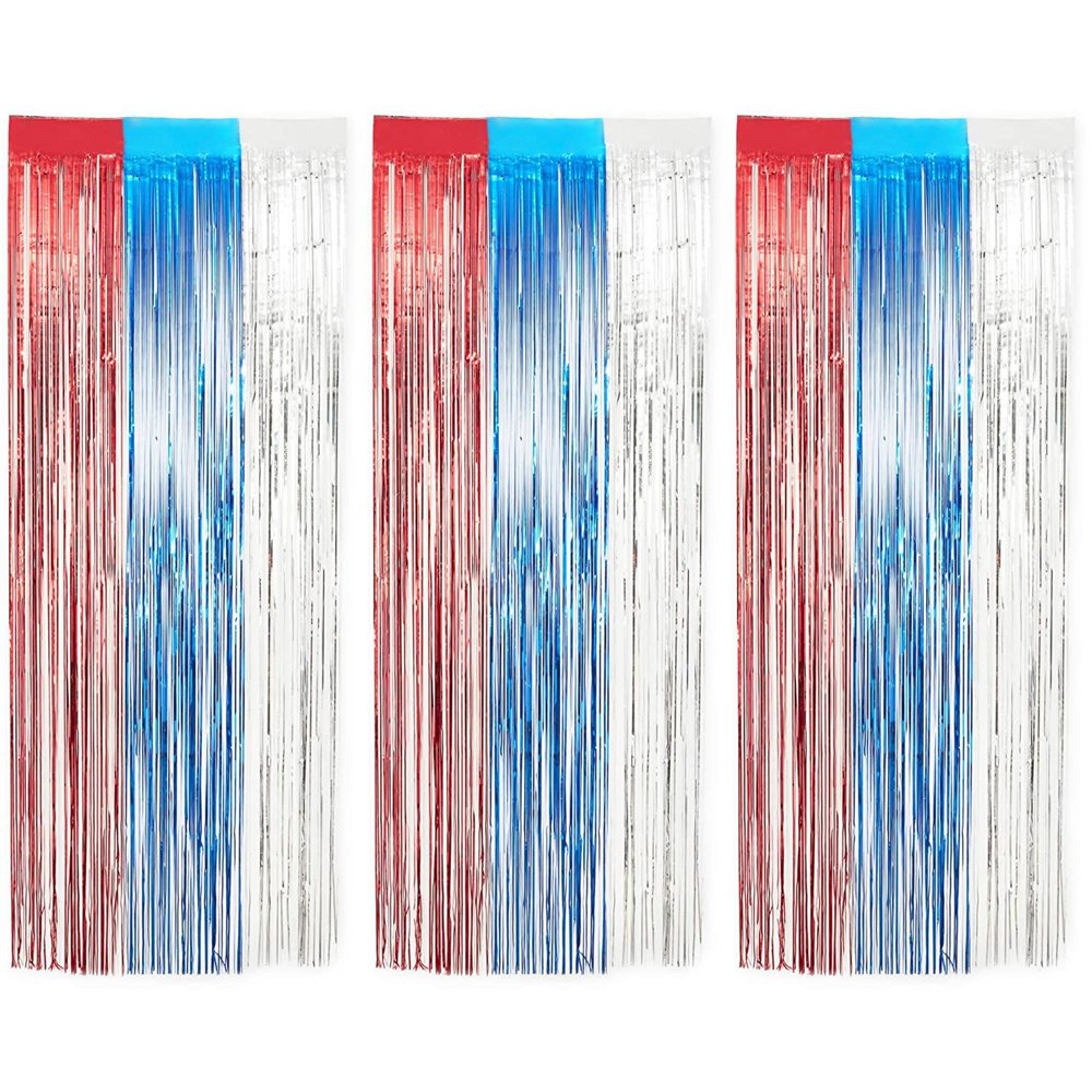 3Pack Metallic Foil Fringe Door Curtain in Patriotic Red White Blue