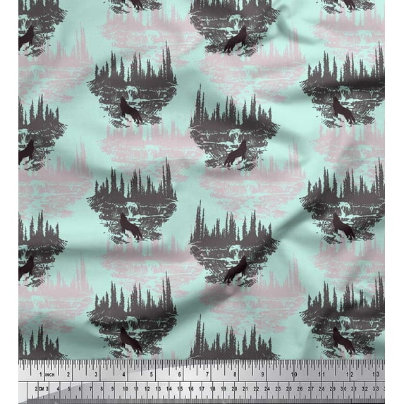 Soimoi Green polyester Crepe Fabric Wolf & Landscape Nature Print Fabric by the Yard 42 Inch Wide