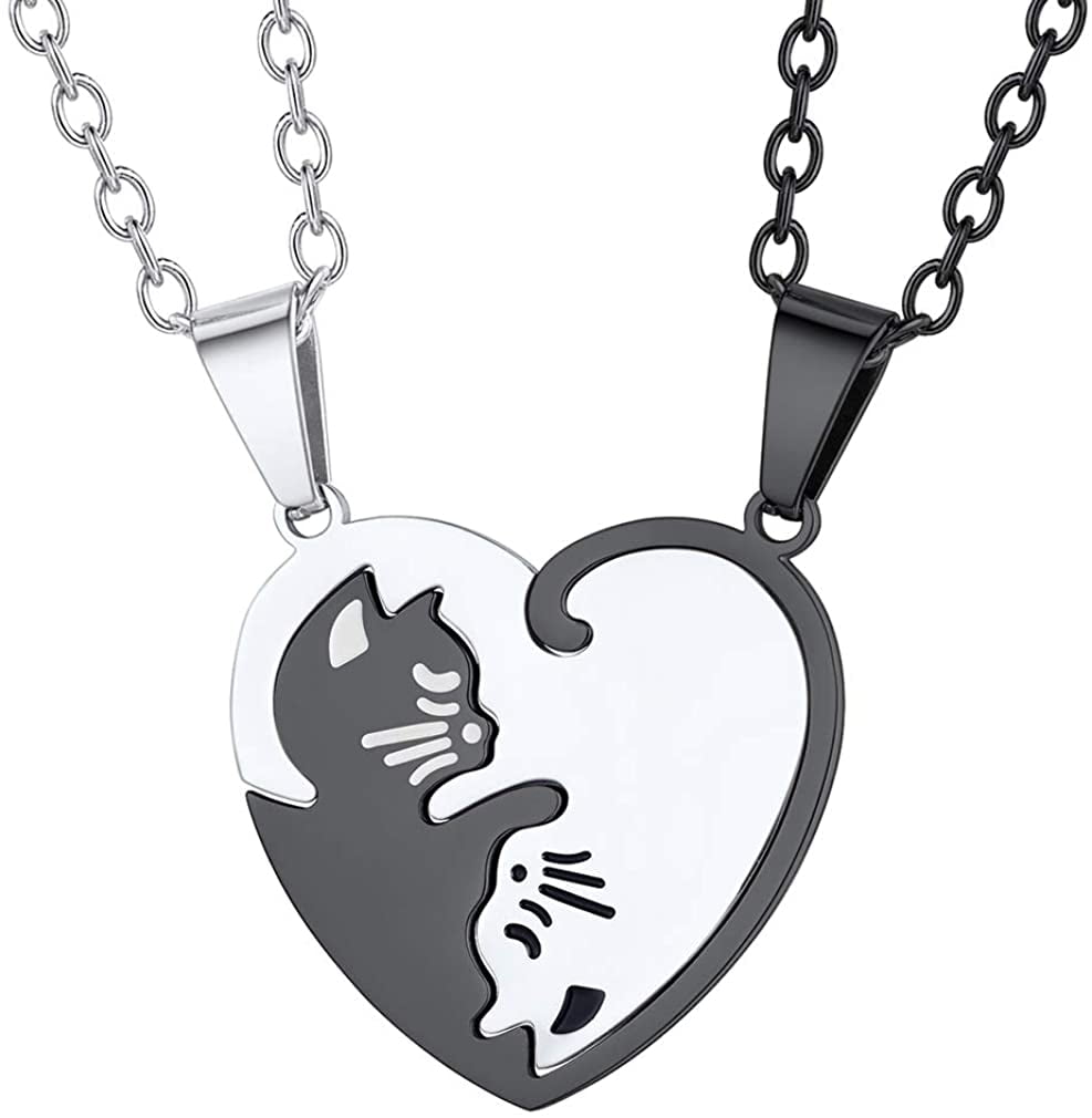 2PCS/Set Titanium Steel Animal Cat Pendants Necklace Couples Necklaces Jewelr PT