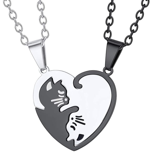 Couples Pendant for Boyfriend and Girlfriend Stainless Steel Matching Relationship Simple Cute Cat Heart Yin Yang Necklace for Couples Pendant Husband and Wife V Day Gift