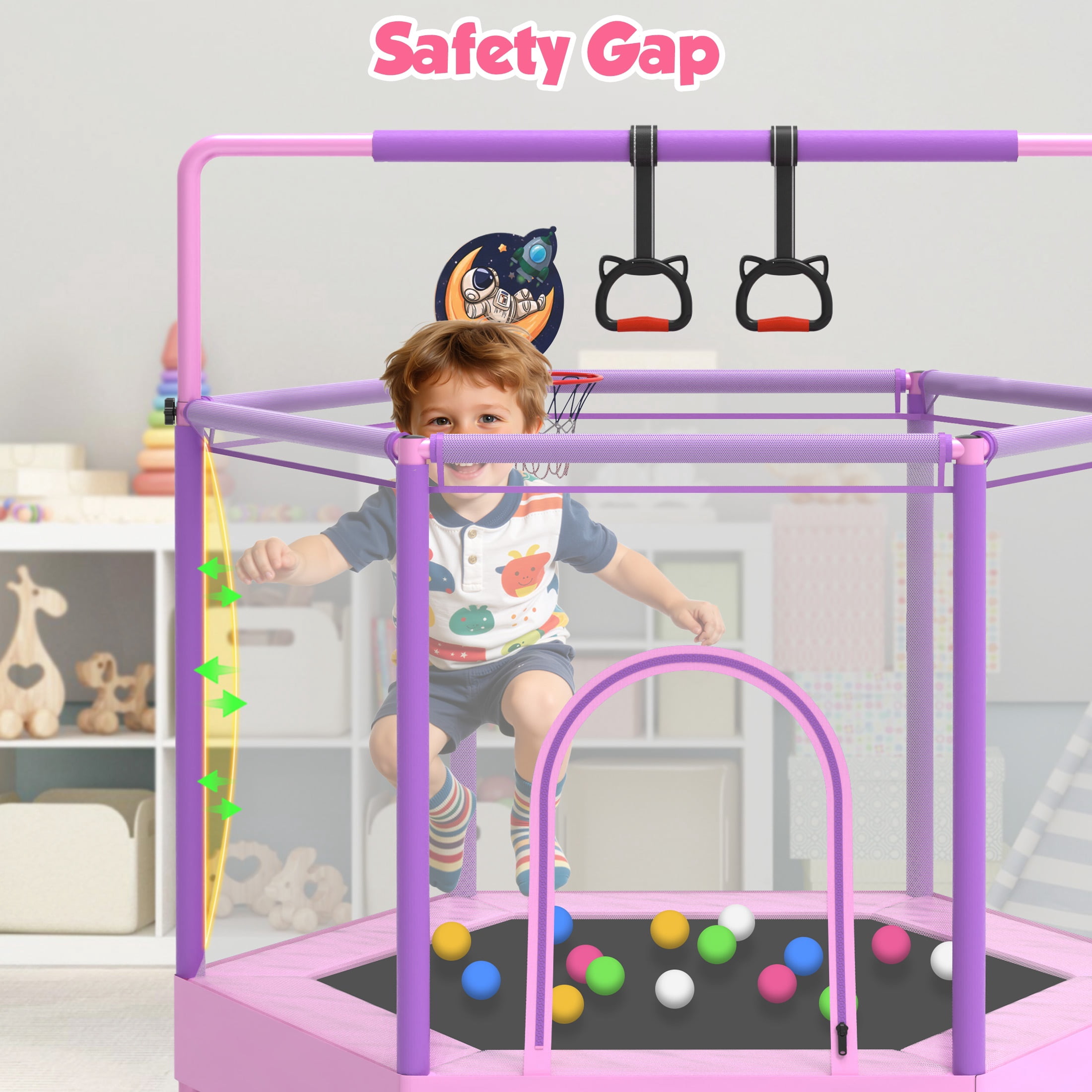 60" Mini Trampoline for Kids with Enclosure, Shinpt Indoor & Outdoor Toddler Trampoline, Upgrade Full Anti-Rust Tube with Adjustable Gymnastics Bars, Small Trampoline for Boys & Girls