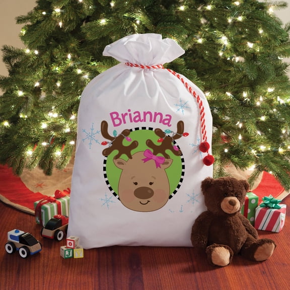 Personalized Girl Reindeer Santa Sack, 2 Sizes To Choose From