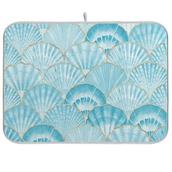 Vintage Teal Seashells Dish Drying Mat Microfiber Kitchen Mats Large Counter Absorbent Dish Pad Drainer Rack 16"x18"
