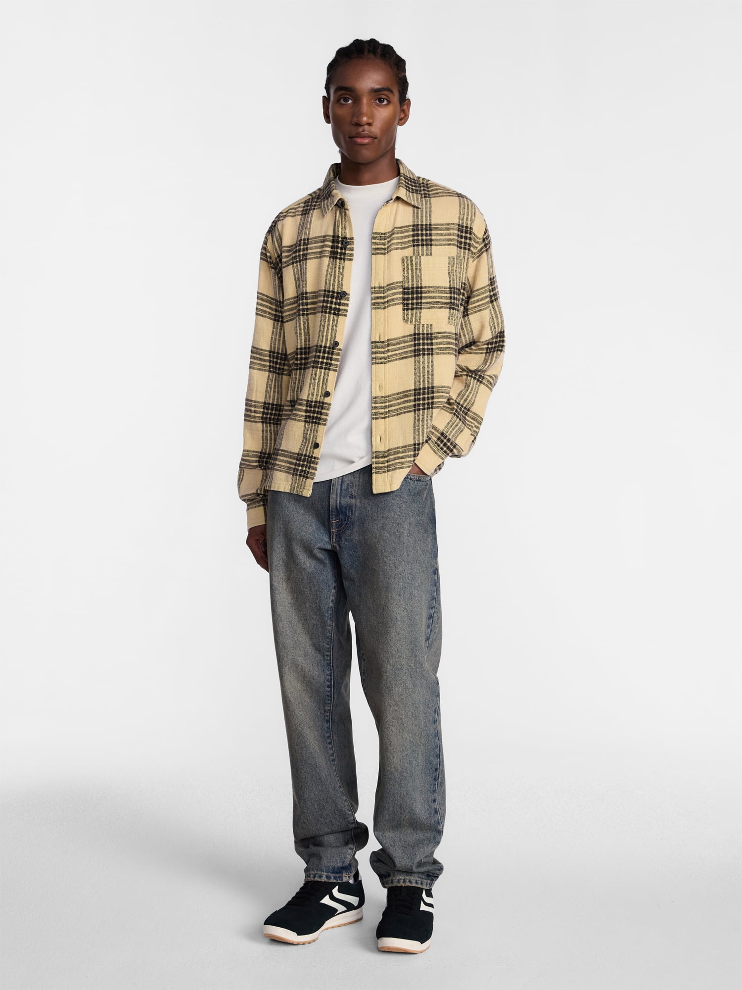 No Boundaries Boxy Fit Grunge Flannel Shirt with Long Sleeves, Men's XS-4XLT